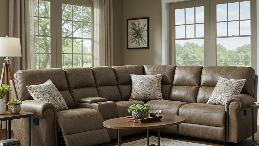 Modern sectional couch with recliners arranged in a cozy living room.