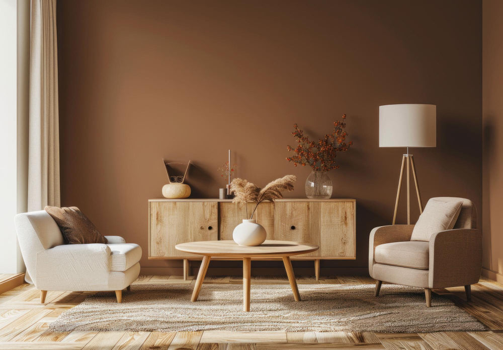 Earth tone living room with warm beige sofa