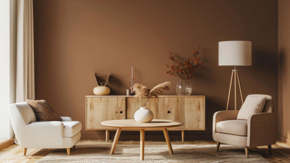 Earth tone living room with warm beige sofa