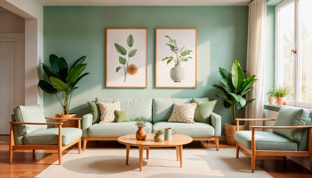 Modern farmhouse living room with linen sofa