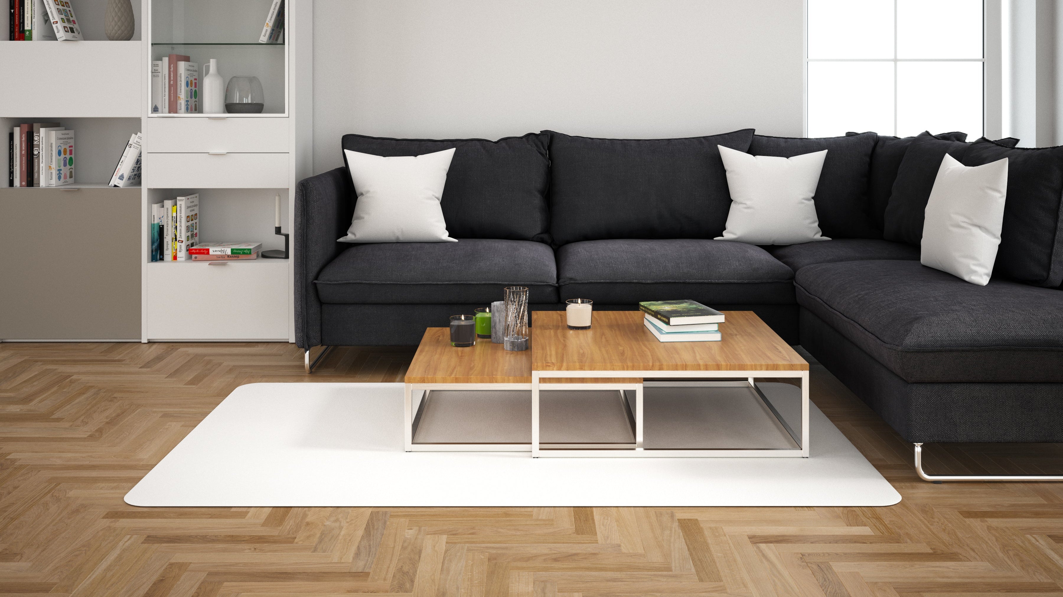 High-contrast black and white living room with statement sofa