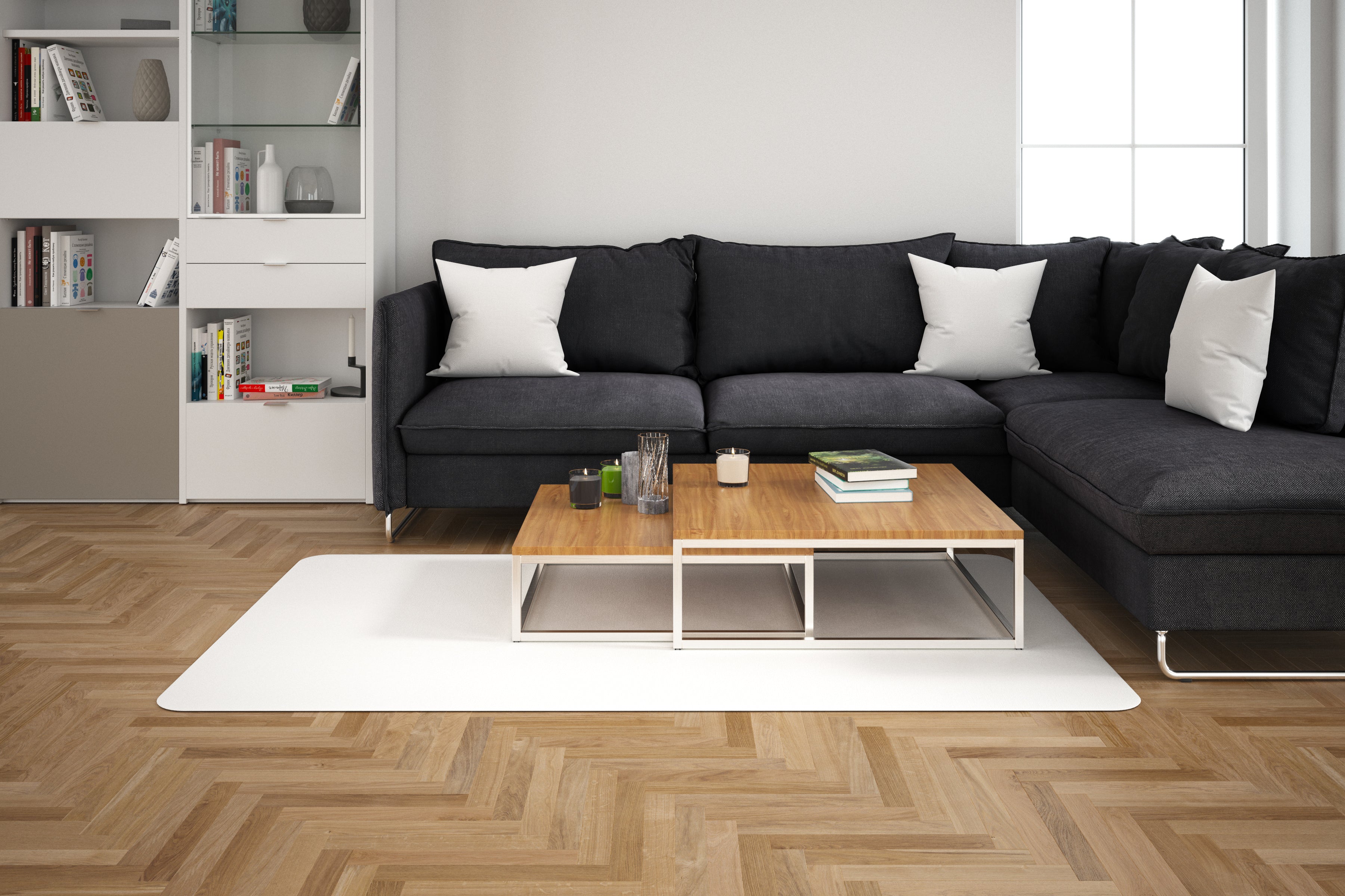 High-contrast black and white living room with statement sofa