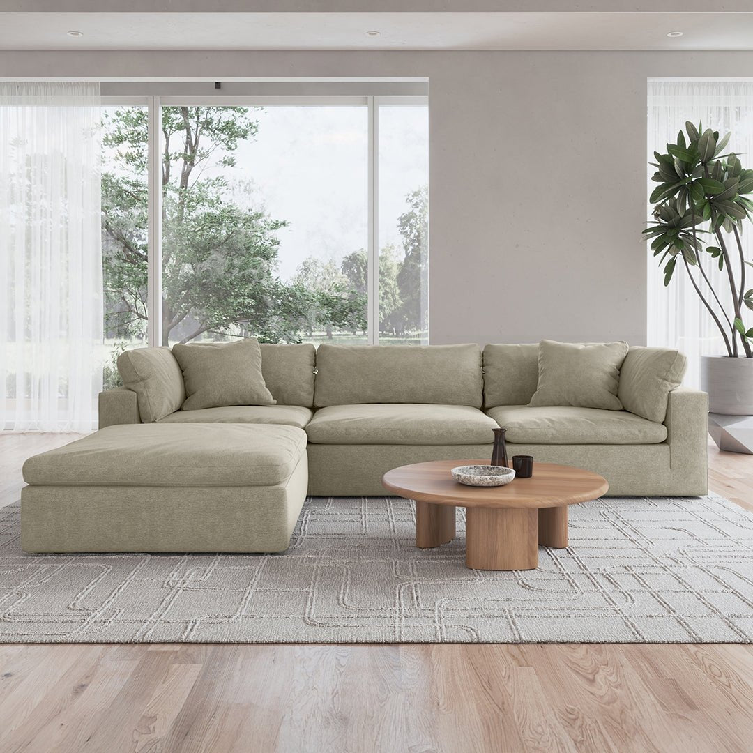 Sofatica khaki cloud couch sectional in a bright living room