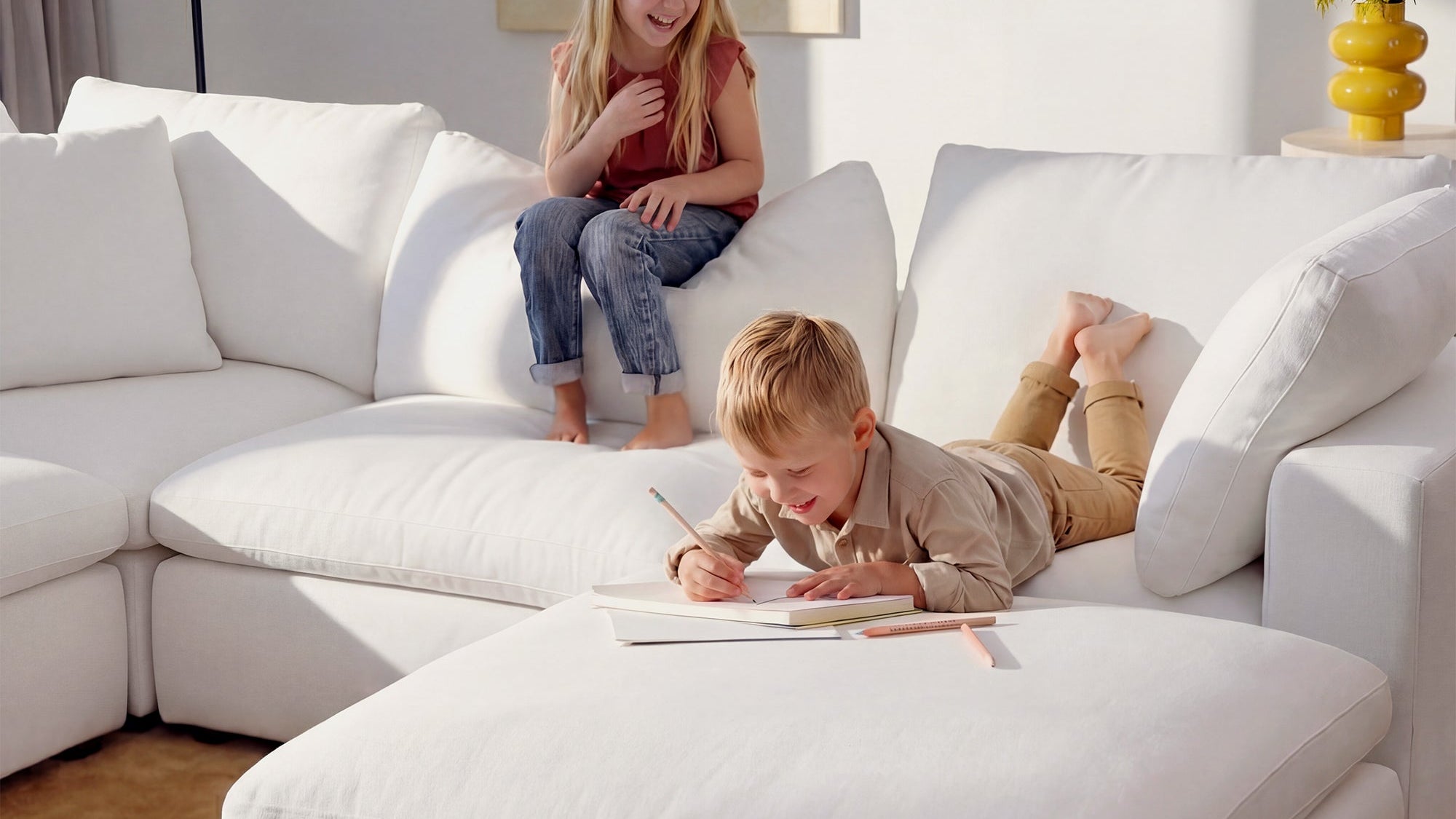 Weatherproof beige outdoor sofa on a covered patio