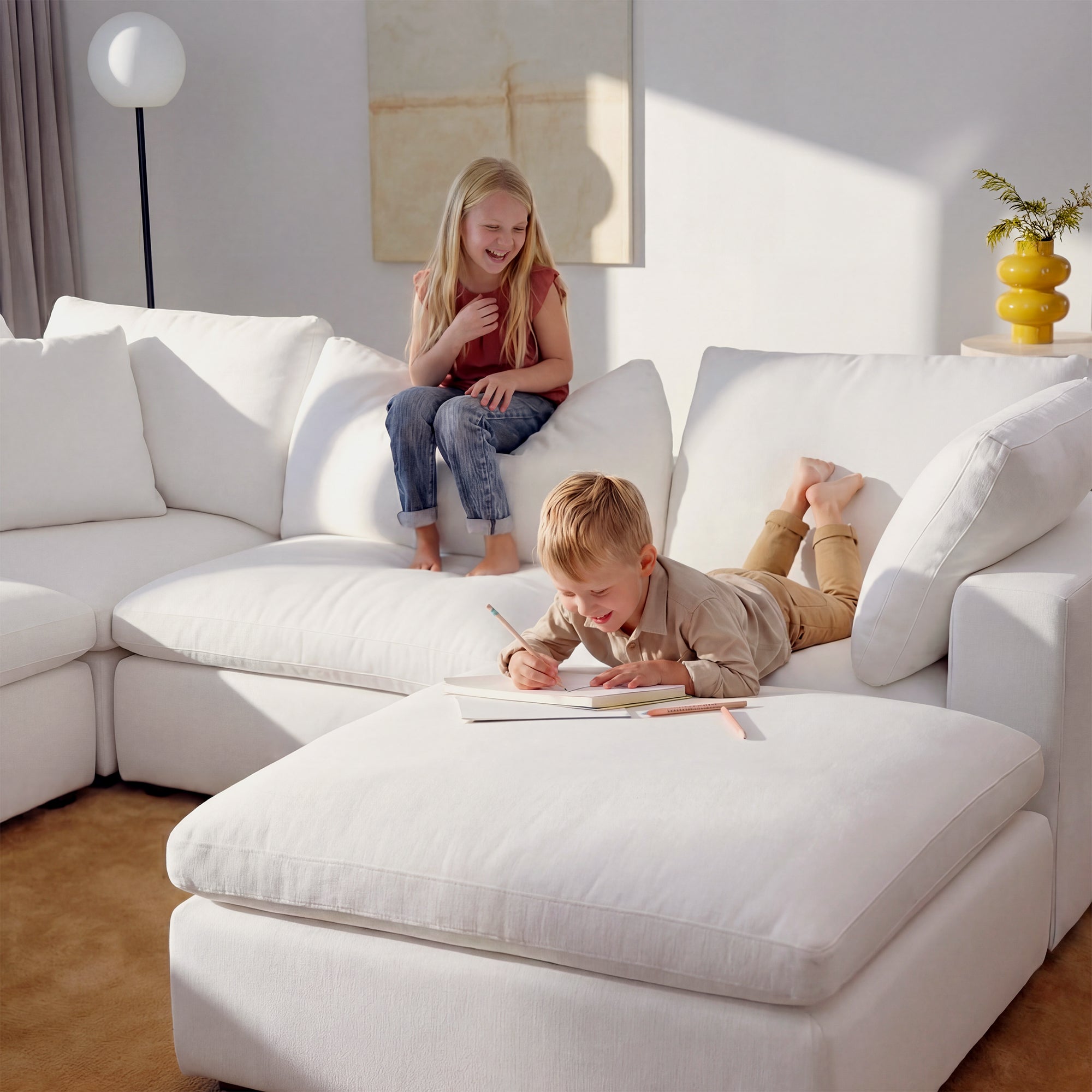 Weatherproof beige outdoor sofa on a covered patio