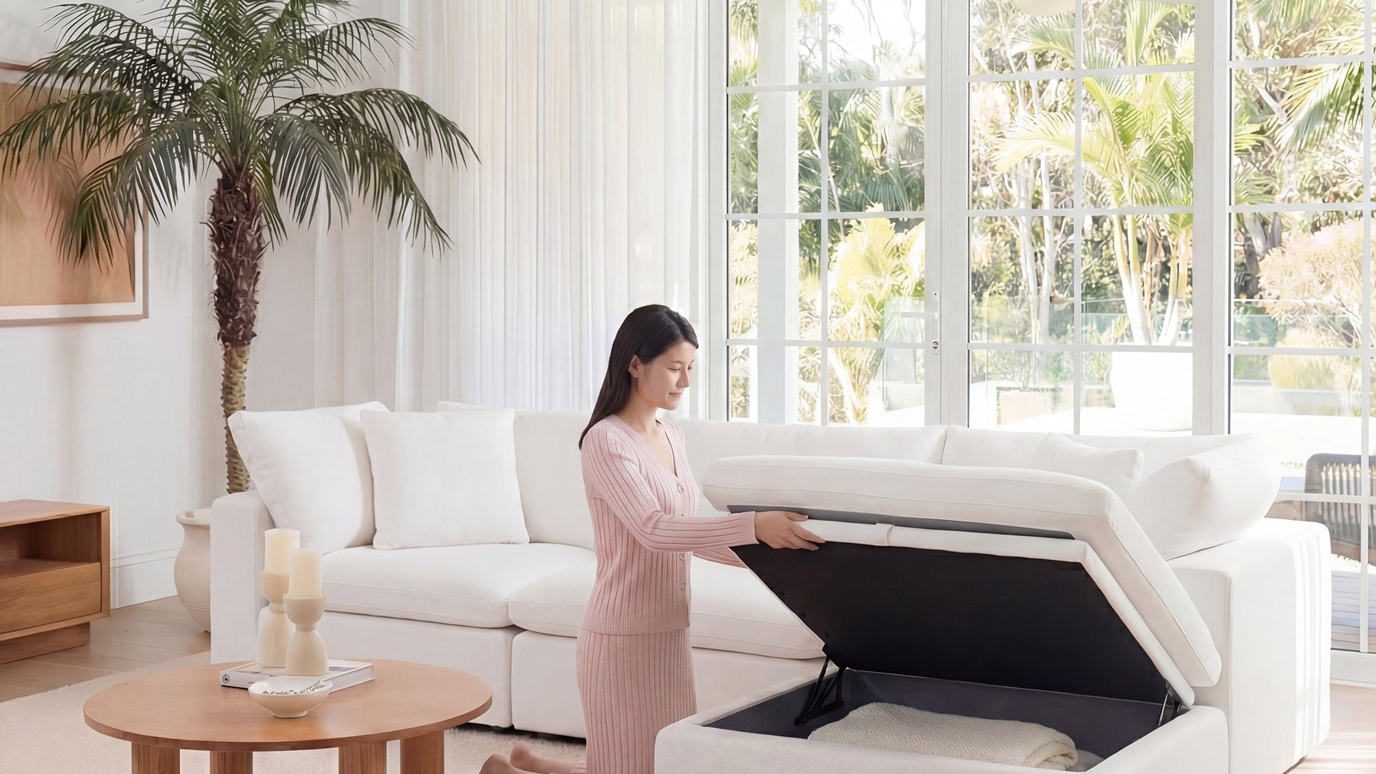 Storage ottoman paired with a neutral sofa