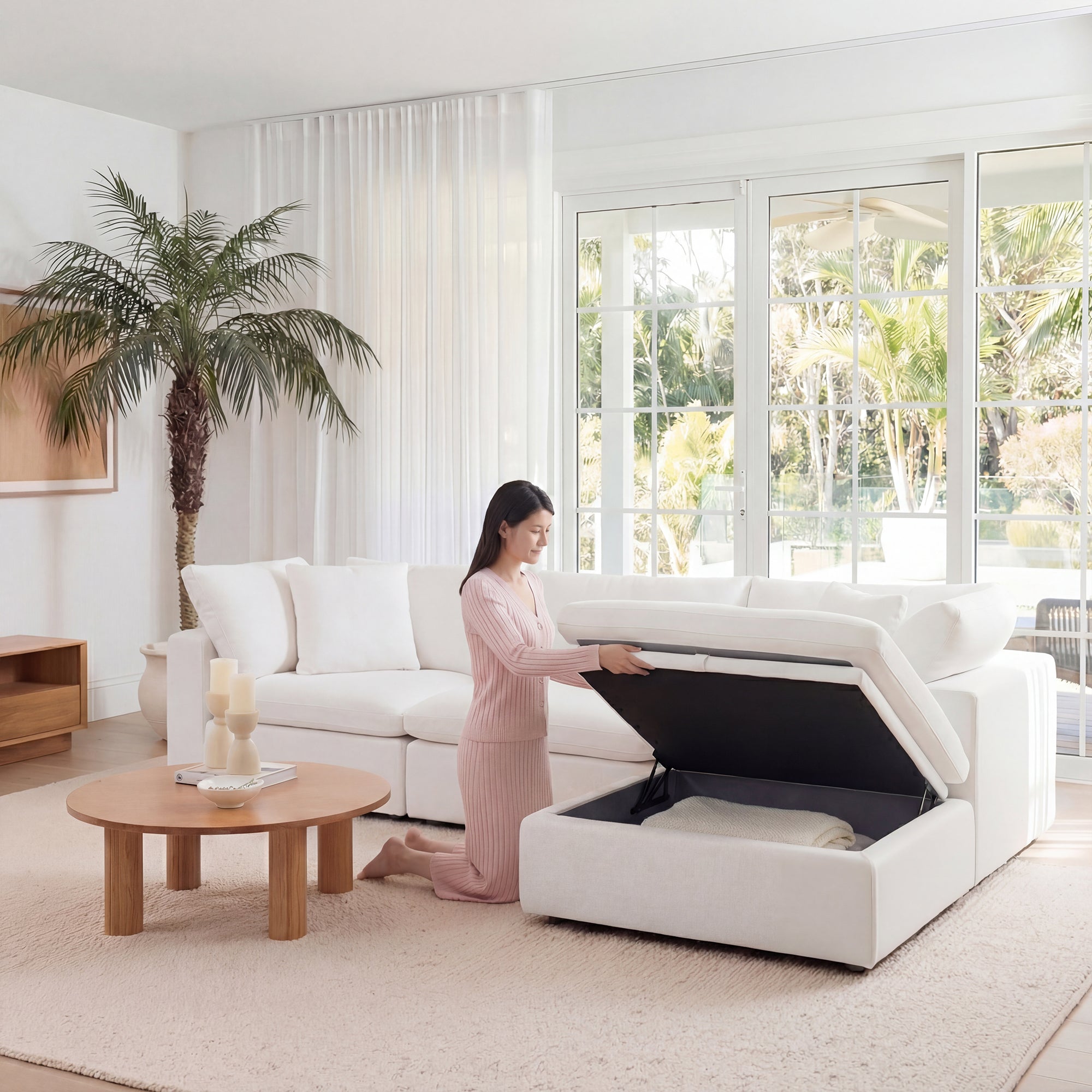 Storage ottoman paired with a neutral sofa