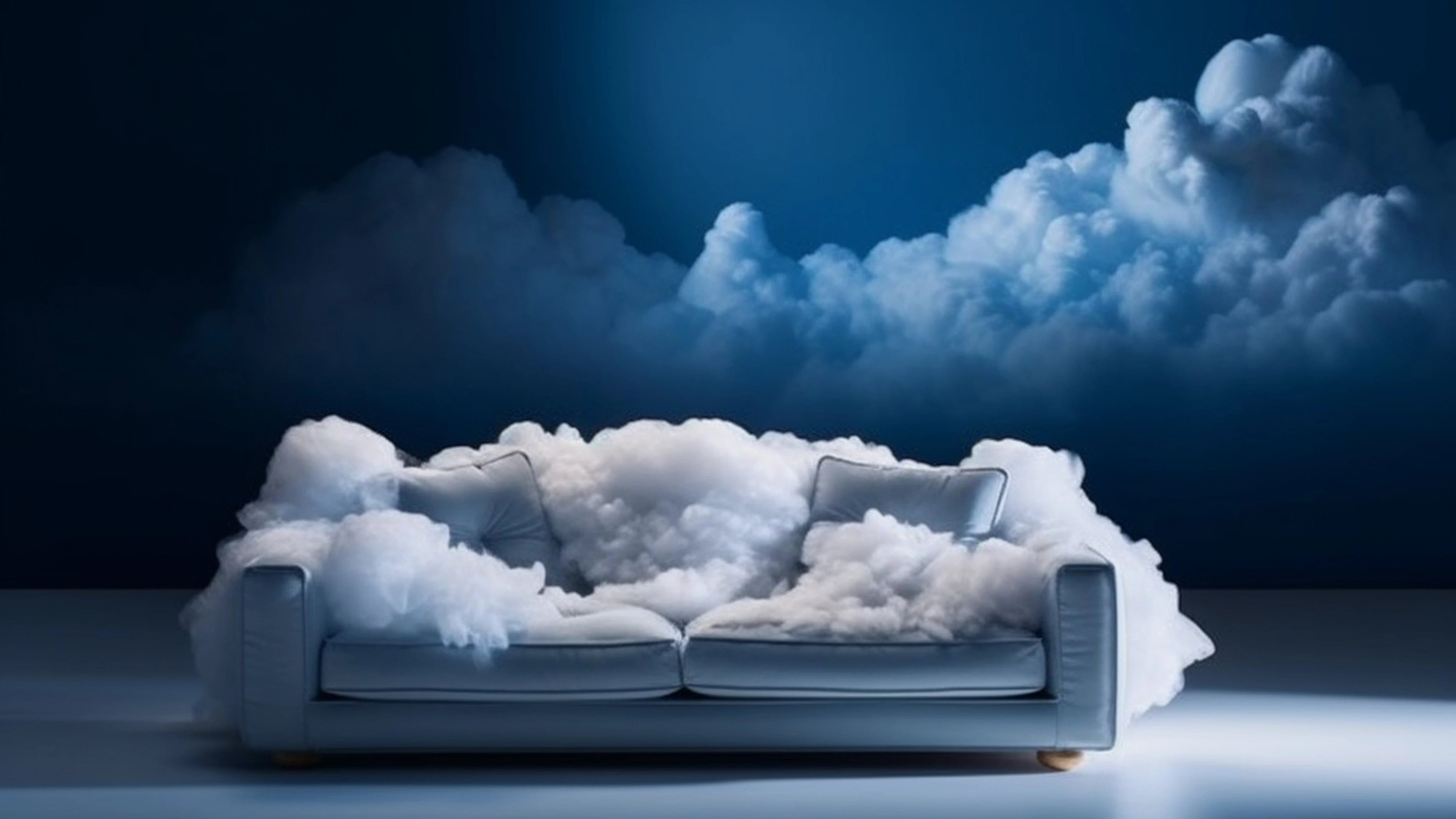 Cloud couch in a living room setting with a dreamy atmosphere