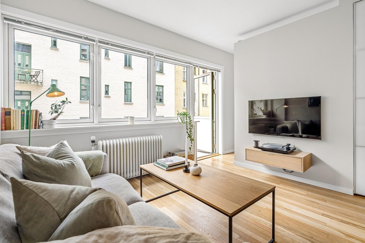 Sofa facing TV in living room 