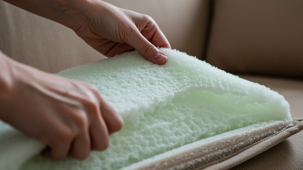 Close-up of sofa cushion being filled with soft foam material.
