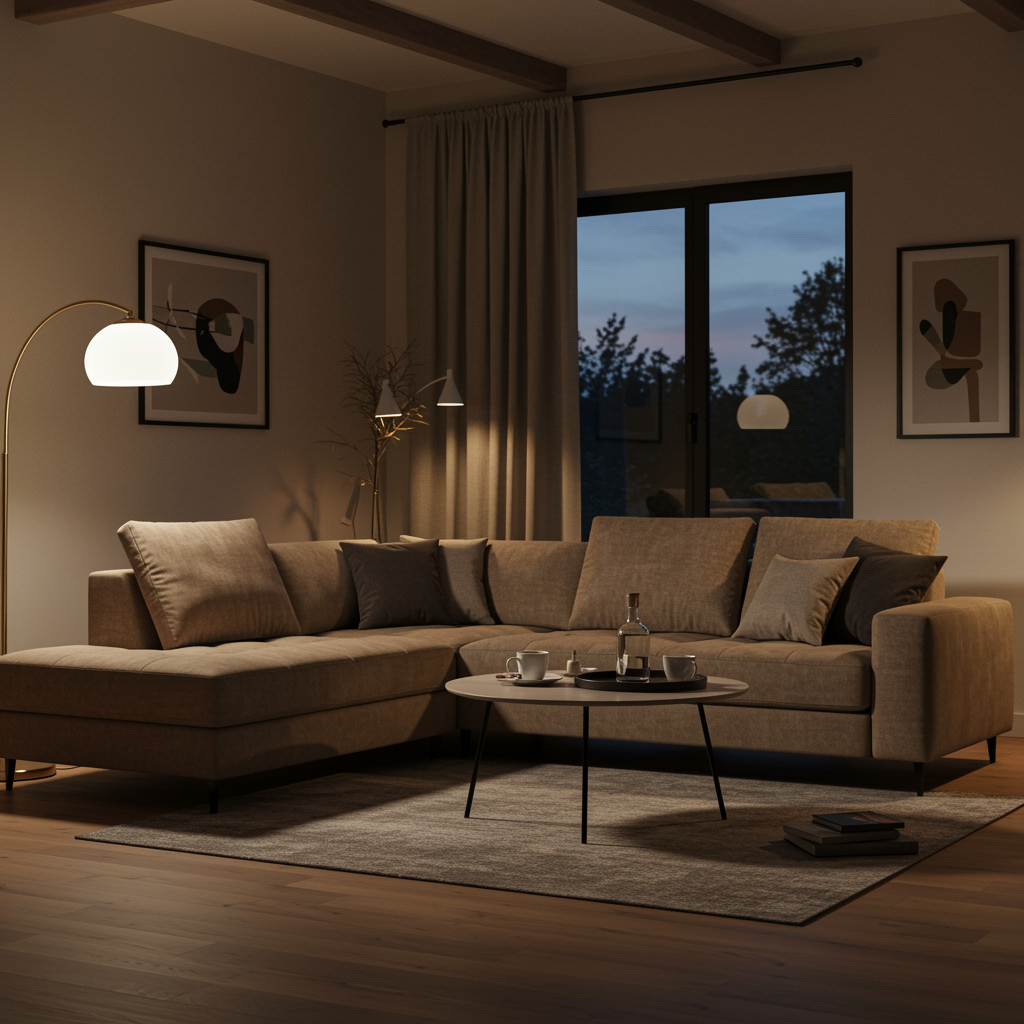 L-Shaped Sectional sofa in a minimalist living room.