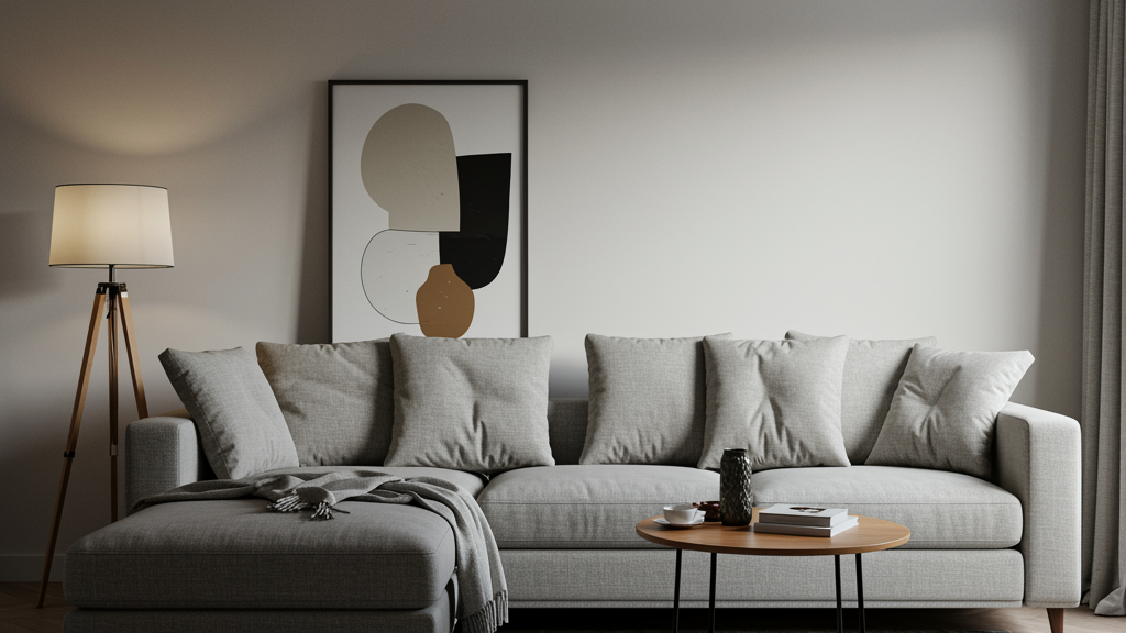 Neutral cloud couch in a naturally lit living room with warm textures