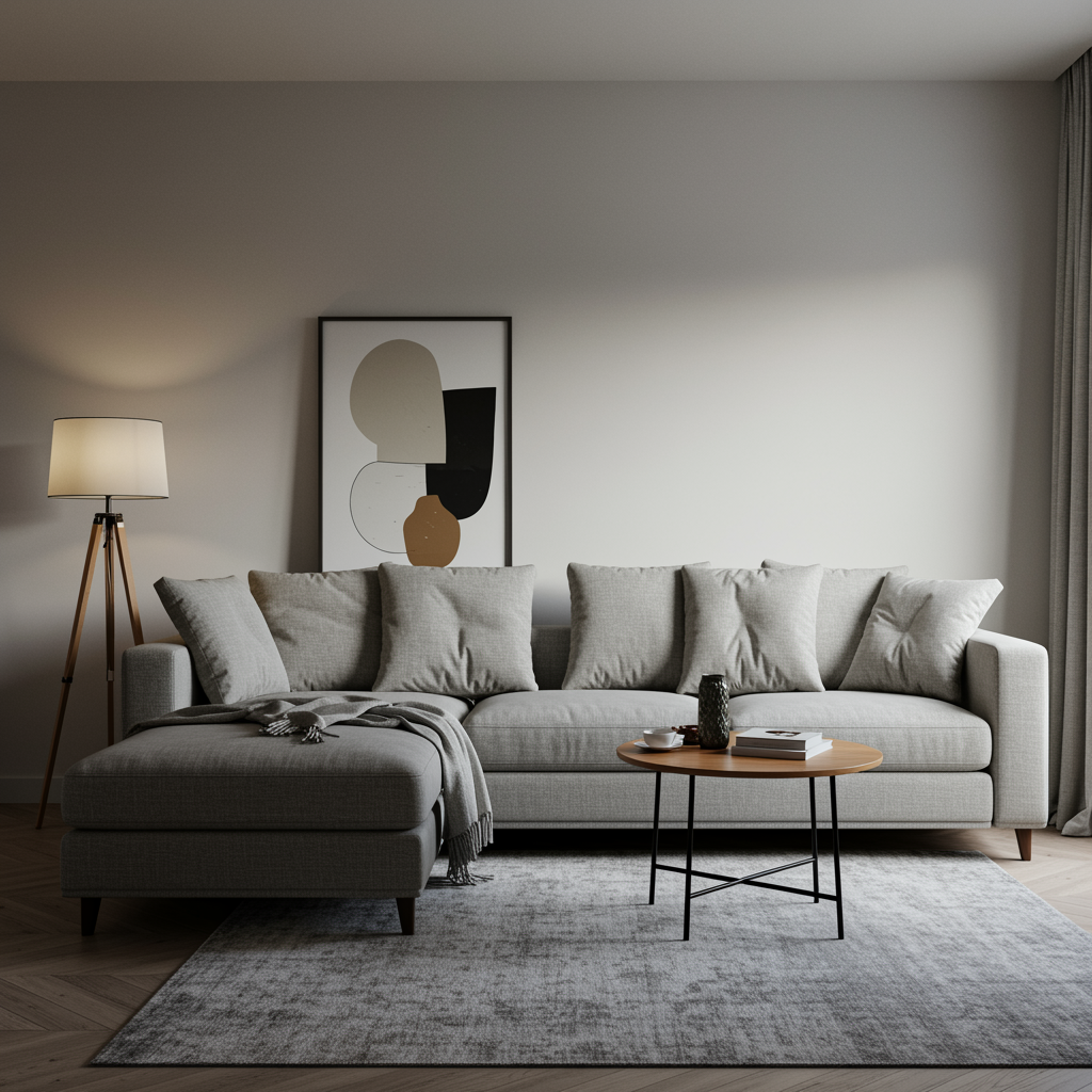 Neutral cloud couch in a naturally lit living room with warm textures