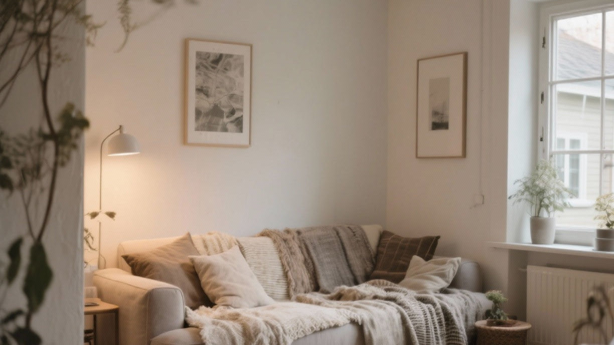  Cozy small living room with light neutral walls, compact sofa, and layered textures in a small house.