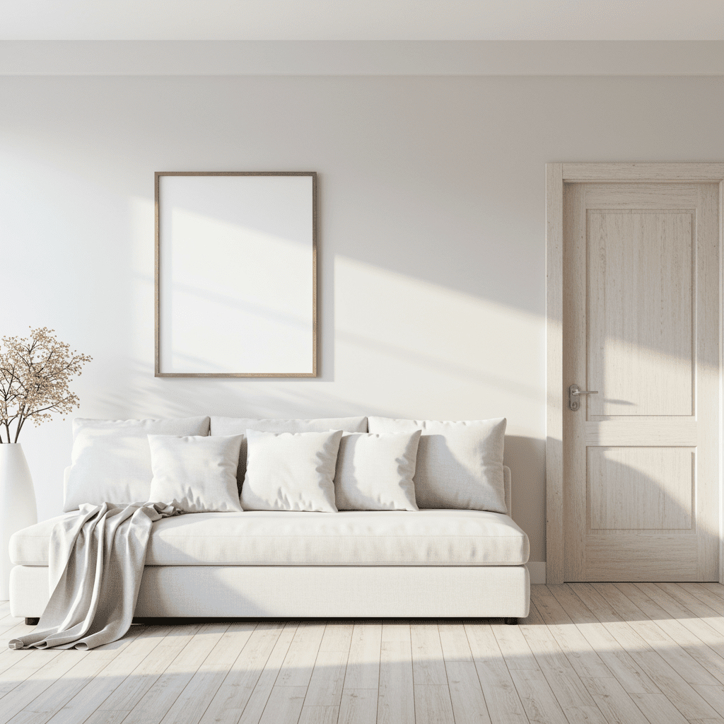 Minimalist living room with a white sofa, a wooden door, a large empty picture frame on the wall, and a vase of flowers in the corner illuminated by natural sunlight.