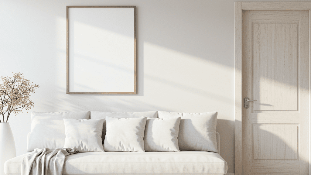 Minimalist living room with a white sofa, a wooden door, a large empty picture frame on the wall, and a vase of flowers in the corner illuminated by natural sunlight.