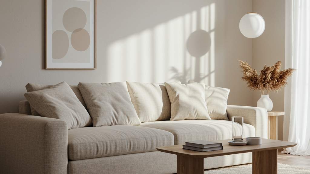 Modern cozy living room with a cloud couch in soft neutral tones