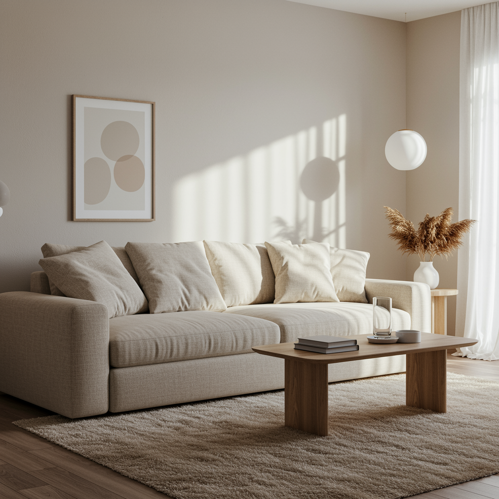 Modern cozy living room with a cloud couch in soft neutral tones
