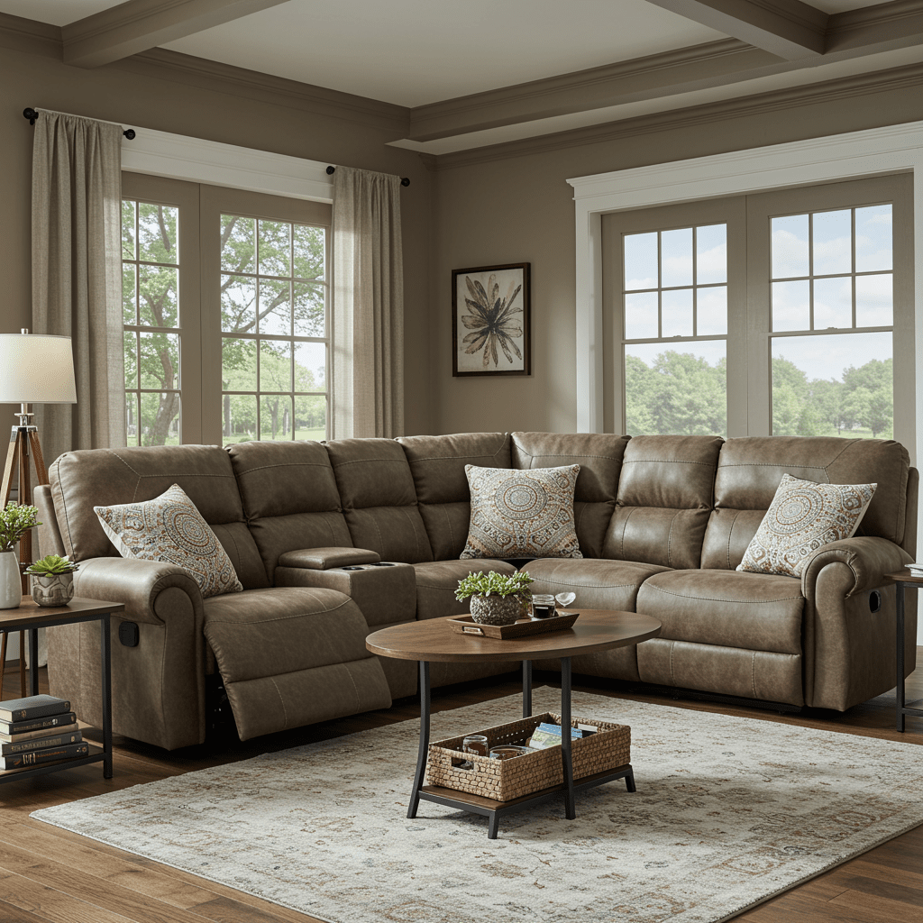Modern sectional couch with recliners arranged in a cozy living room.