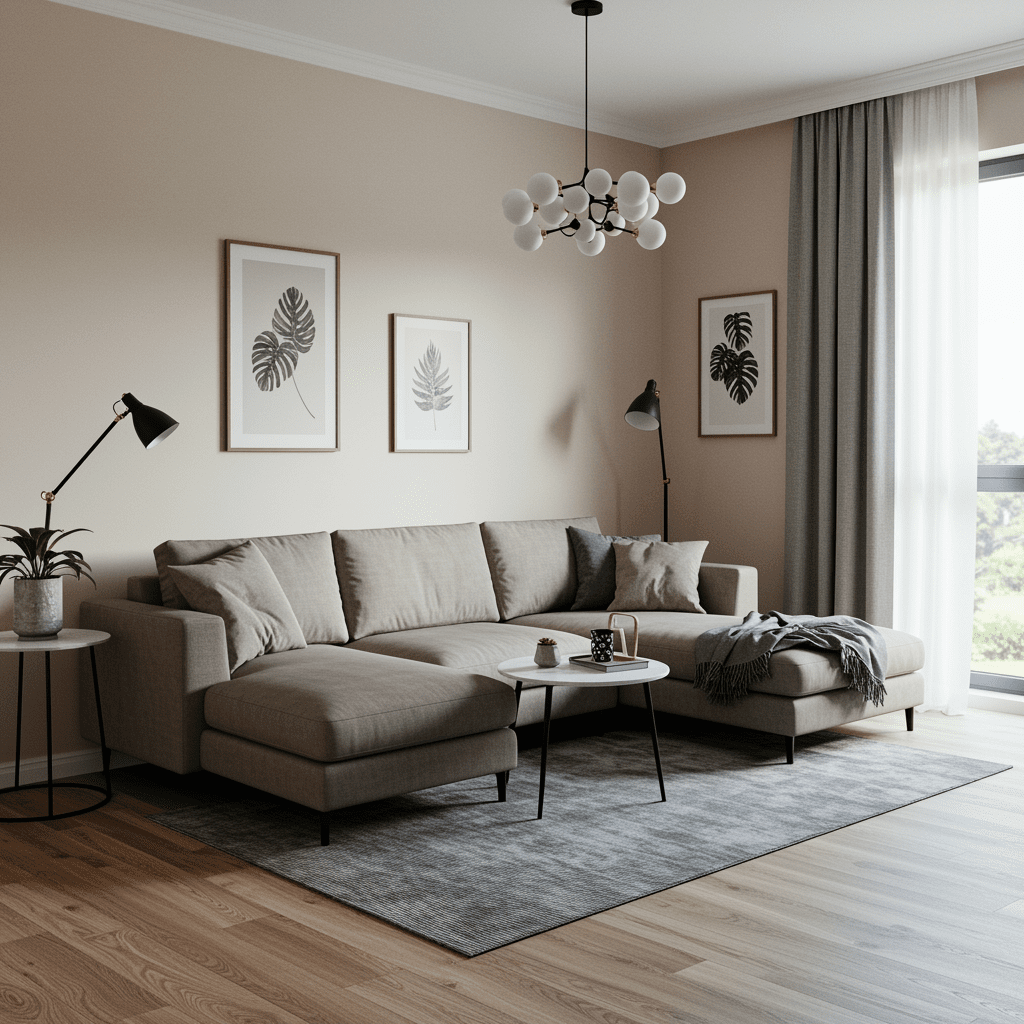 Modern small living room with compact sectional sofa and natural light.