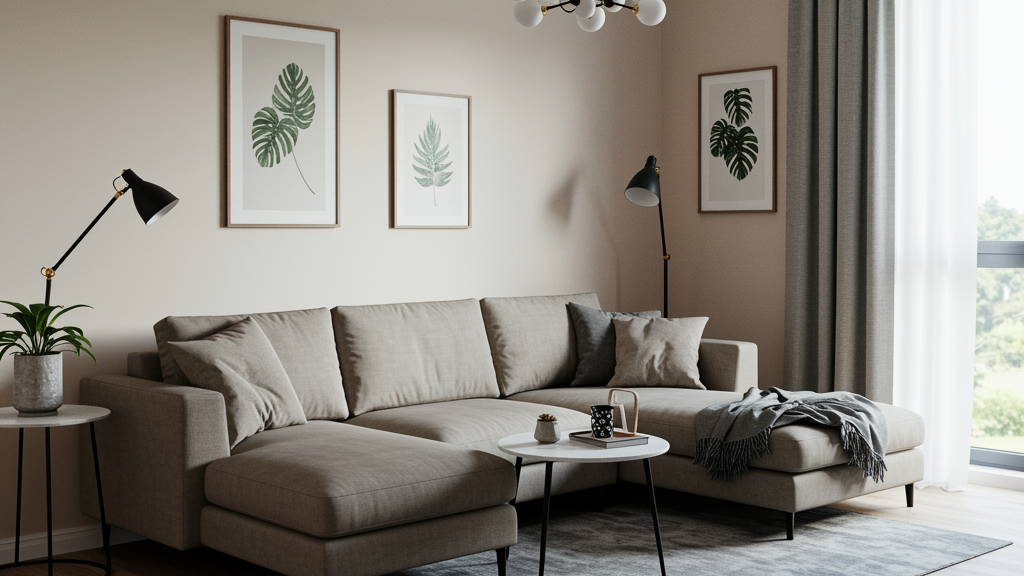 Modern small living room with compact sectional sofa and natural light.