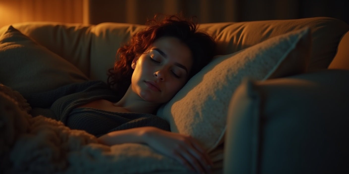 Tired person sleeping on a couch after a long day, surrounded by soft cushions in a warm living room.