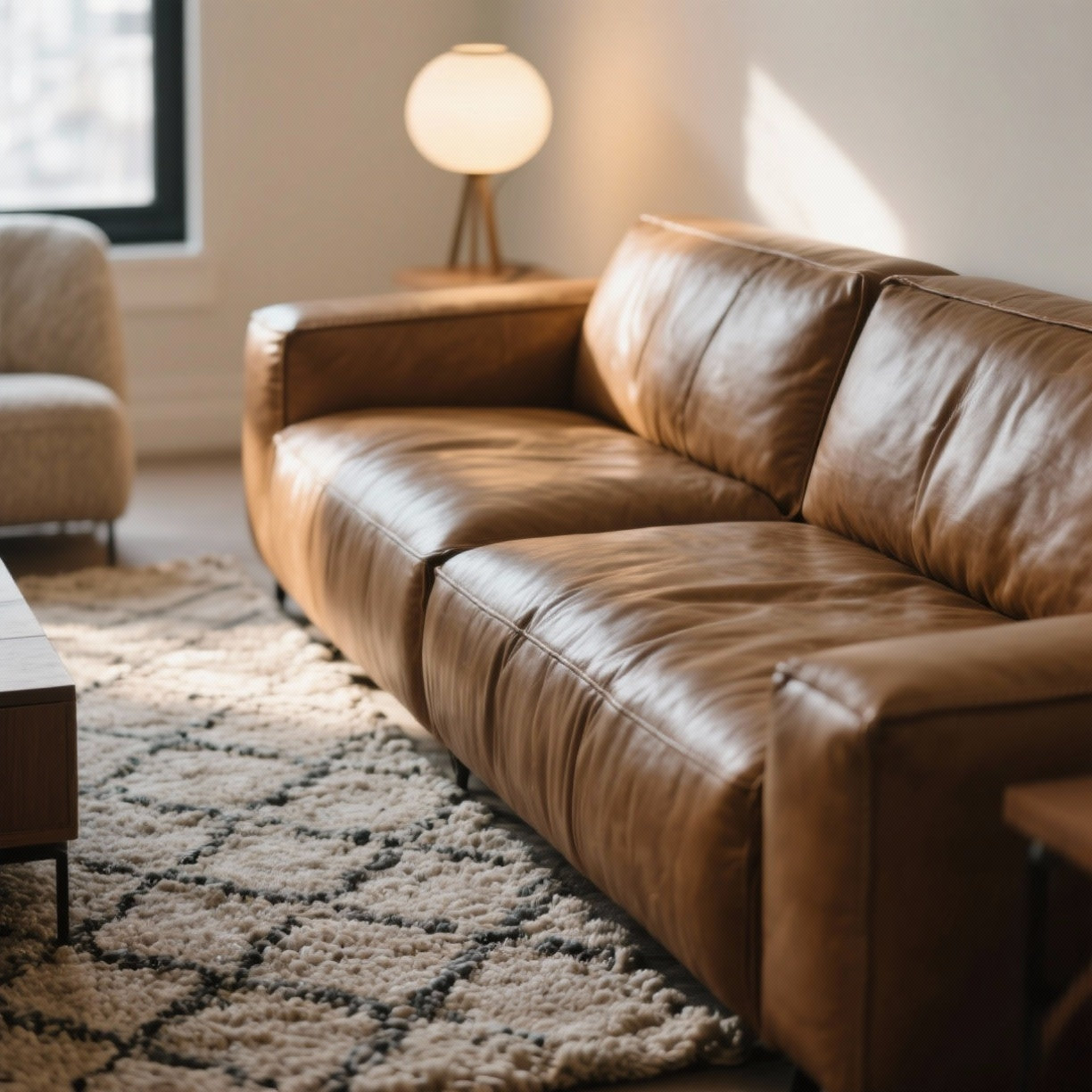 Full-grain leather look sofa in a modern living room