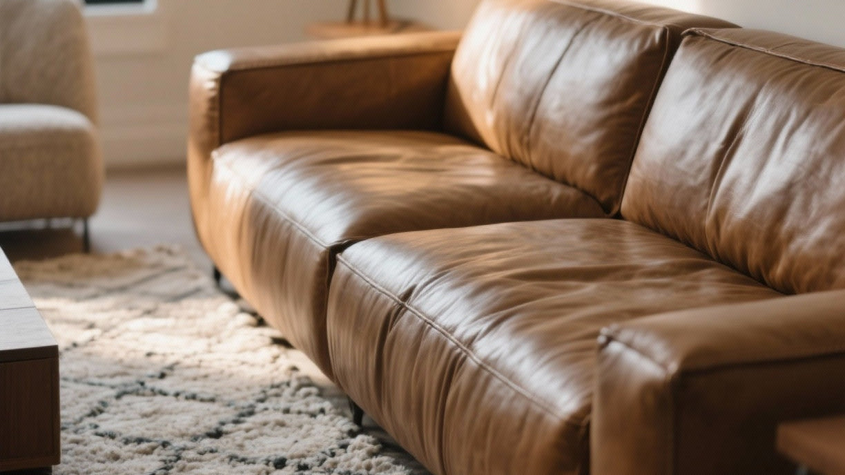 Full-grain leather look sofa in a modern living room