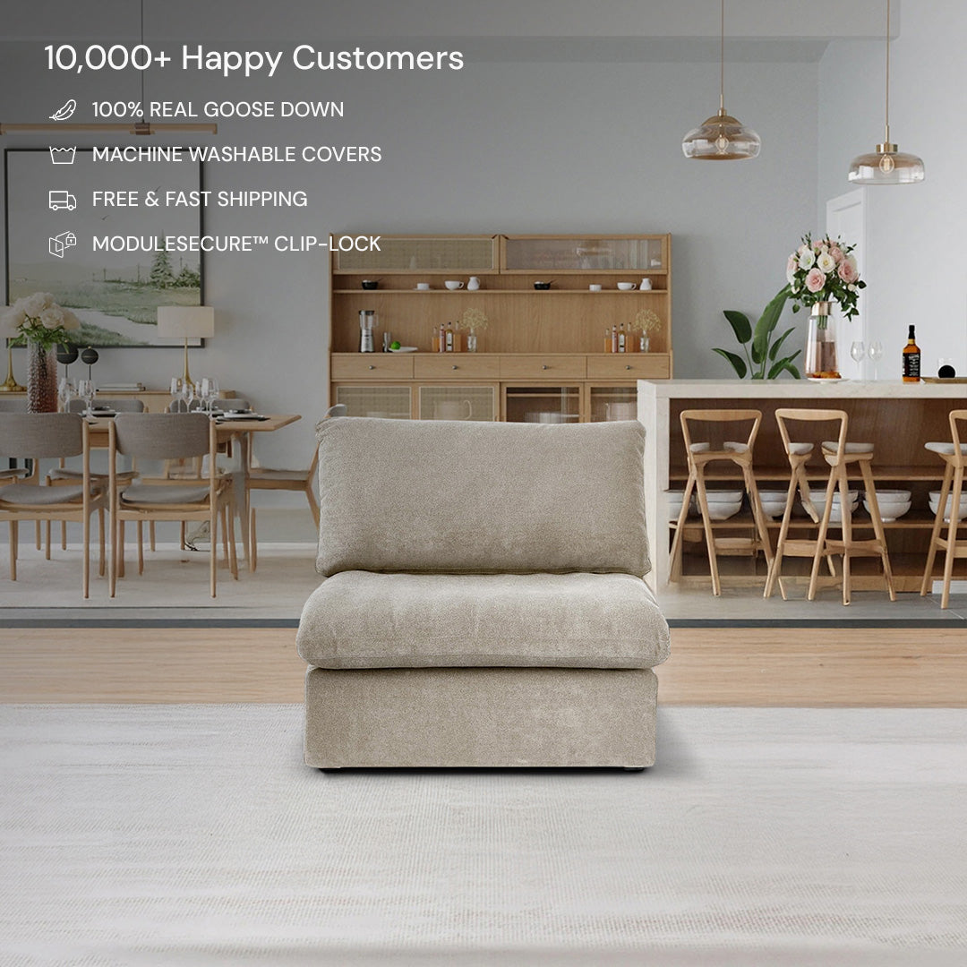 The CloudForm™ Middle Armless Modular Sofa in beige features a solid birch wood frame and removable fabric covers, offering comfort and easy care. Perfect for modern spaces, it’s designed for customer satisfaction and seamless living room style.