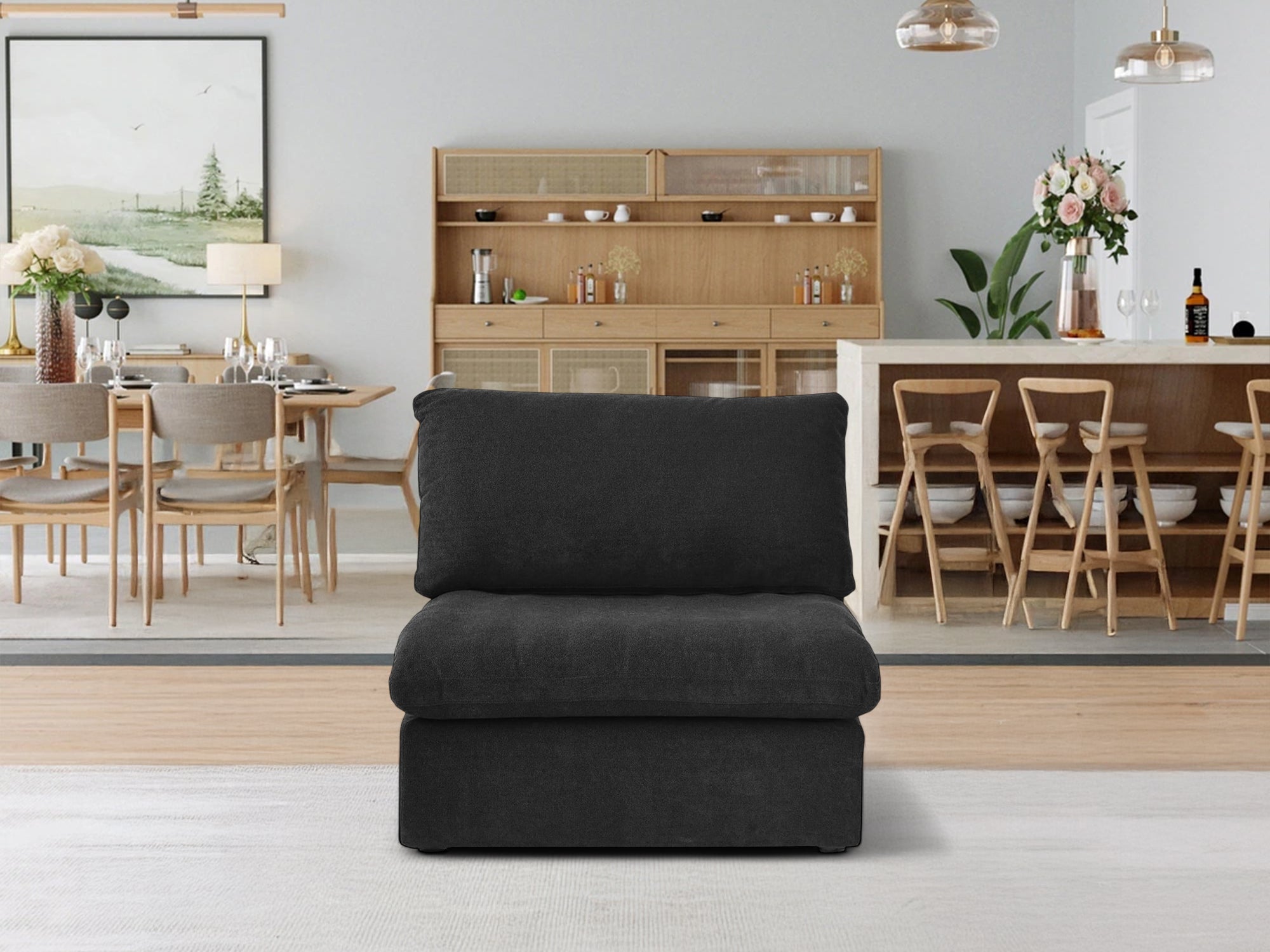 A CloudForm™ Middle Armless Modular Sofa in washable white Crypton® fabric with goose down comfort is placed on a white rug in a modern dining room with wooden furniture and pendant lights.