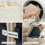 Four images show features of the CloudForm™ Ottoman Modular Sofa | Beige: goose down blend filling, machine washable removable covers, a Modulesecure lock mechanism, and a hidden storage ottoman being opened.