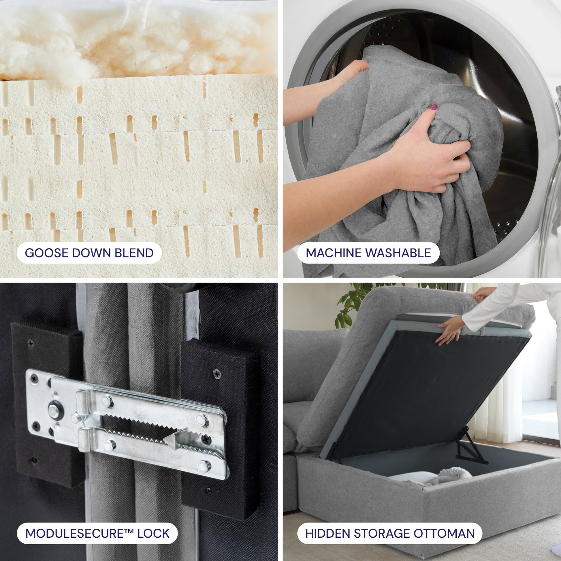 Four images show: foam labeled "Goose Down Blend," bedding in a washer marked "Machine Washable," a lock titled "ModuleSecure Lock," and storage in an ottoman—ideal for the CloudForm™ Middle Armless Modular Sofa | Gray with removable fabric covers.