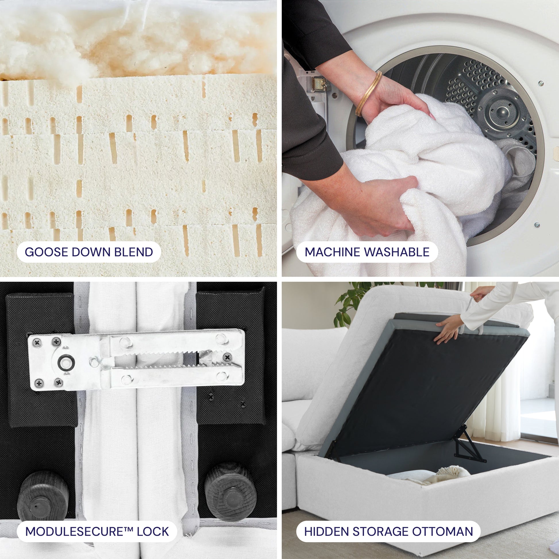 Four images show: CloudForm™ Ottoman Modular Sofa’s goose down blend filling, its removable fabric covers being machine washed, a close-up of the lock mechanism, and the sofa with open hidden storage.