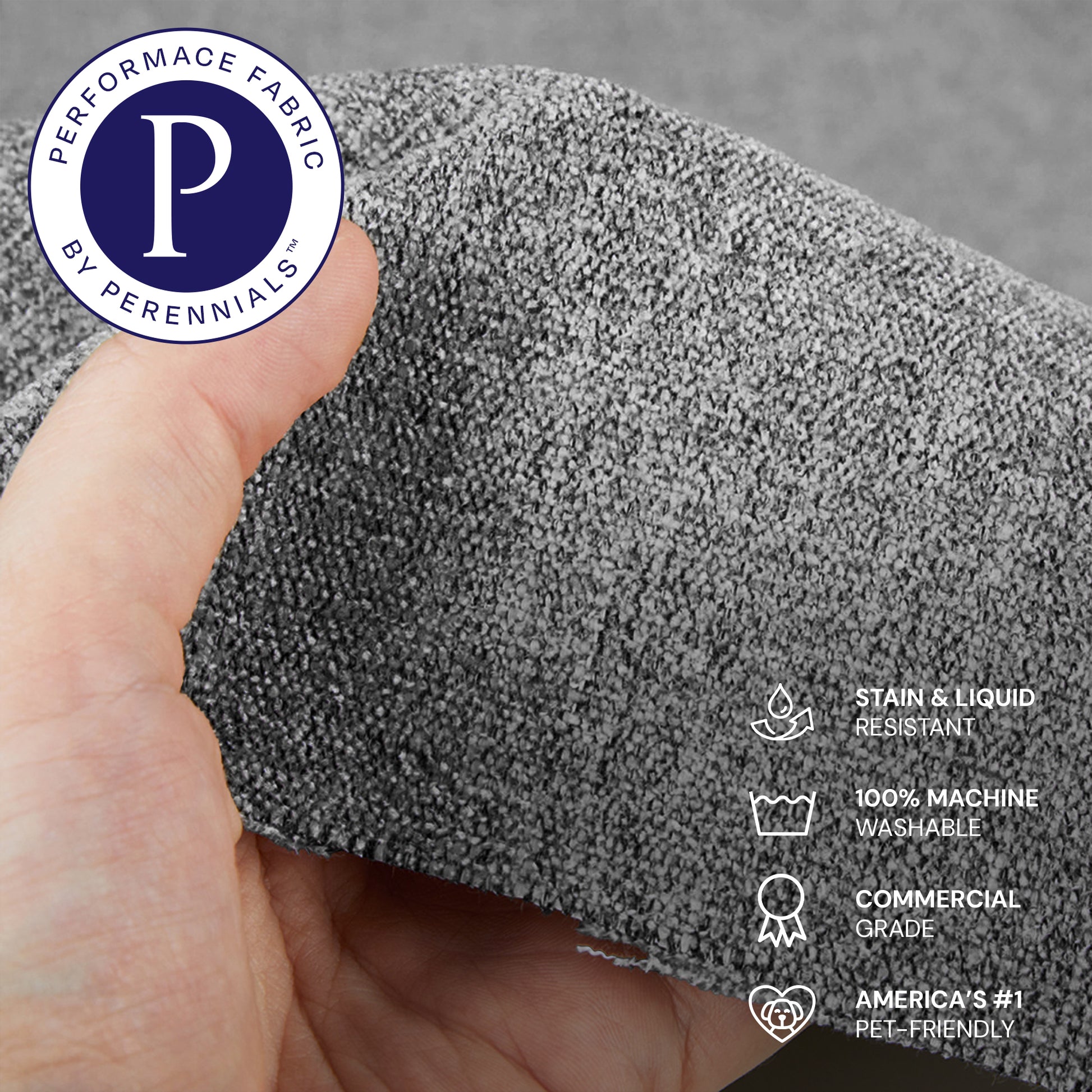 A hand holds gray textured fabric from the CloudForm™ Middle Armless Modular Sofa. Icons show stain resistance, machine washability, commercial grade durability, and pet-friendly features. The "Perennials Performance Fabric" logo is visible.