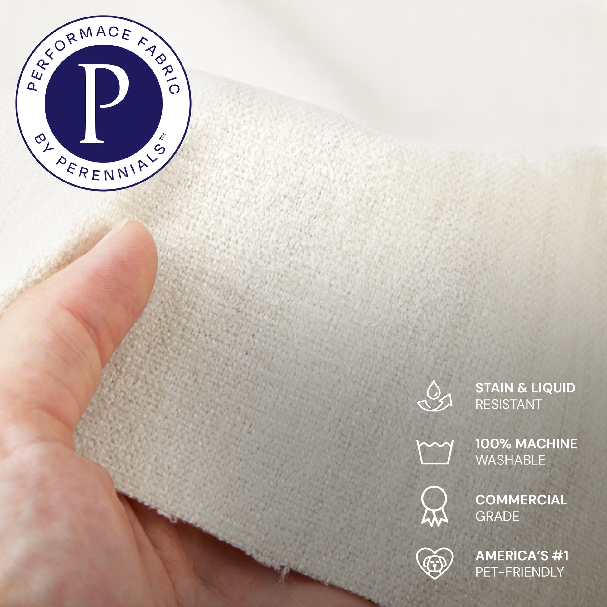 A hand holds a piece of off-white textured fabric, showcasing icons for stain resistance, machine washability, removable covers, commercial grade quality, and pet-friendliness for the CloudForm™ Ottoman Modular Sofa | White; Perennials logo displayed.