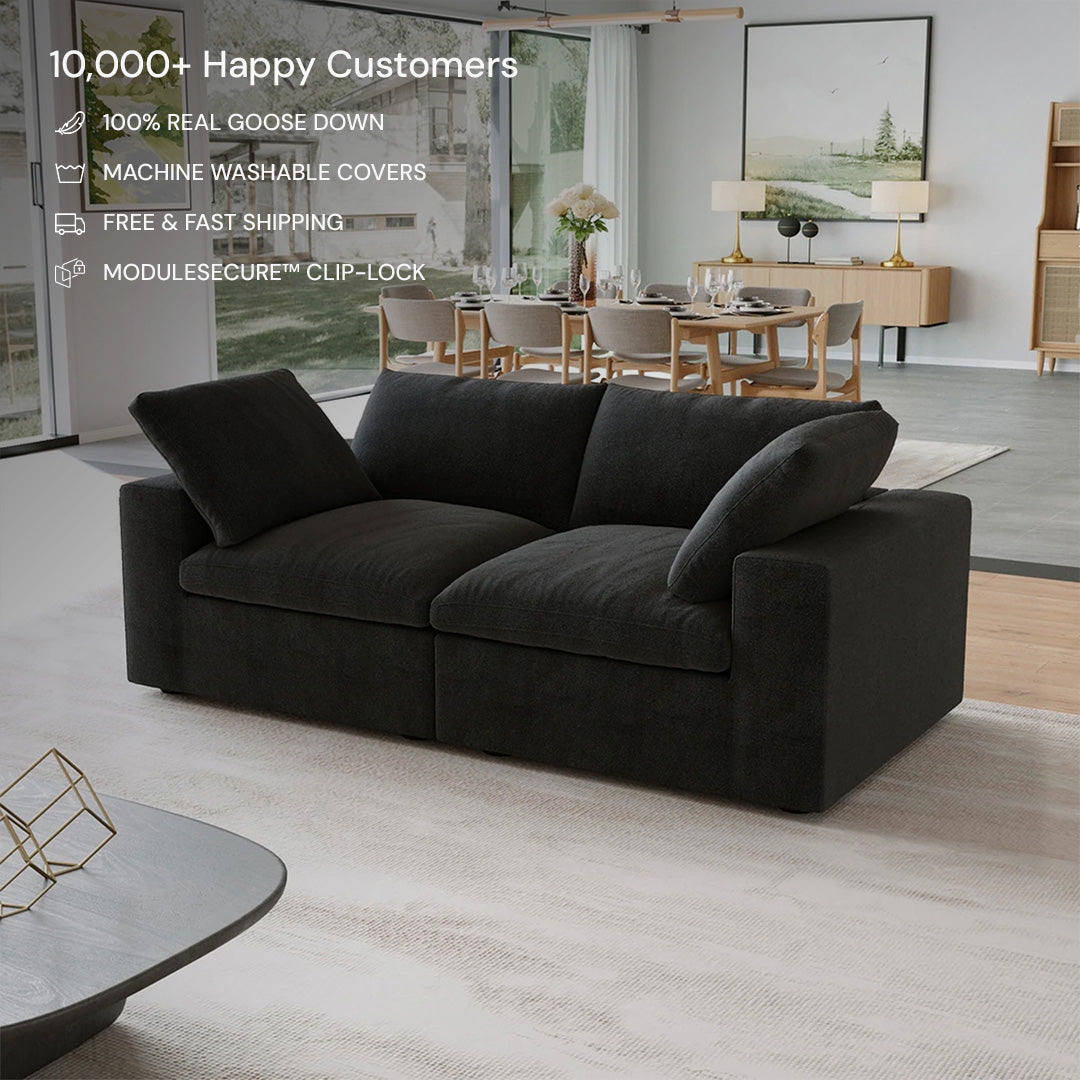 The CloudForm™ 2-Seater Modular Sofa Black features removable, washable fabric covers and two large cushions. This dark gray sofa suits modern living rooms and comes with fast shipping for your convenience.