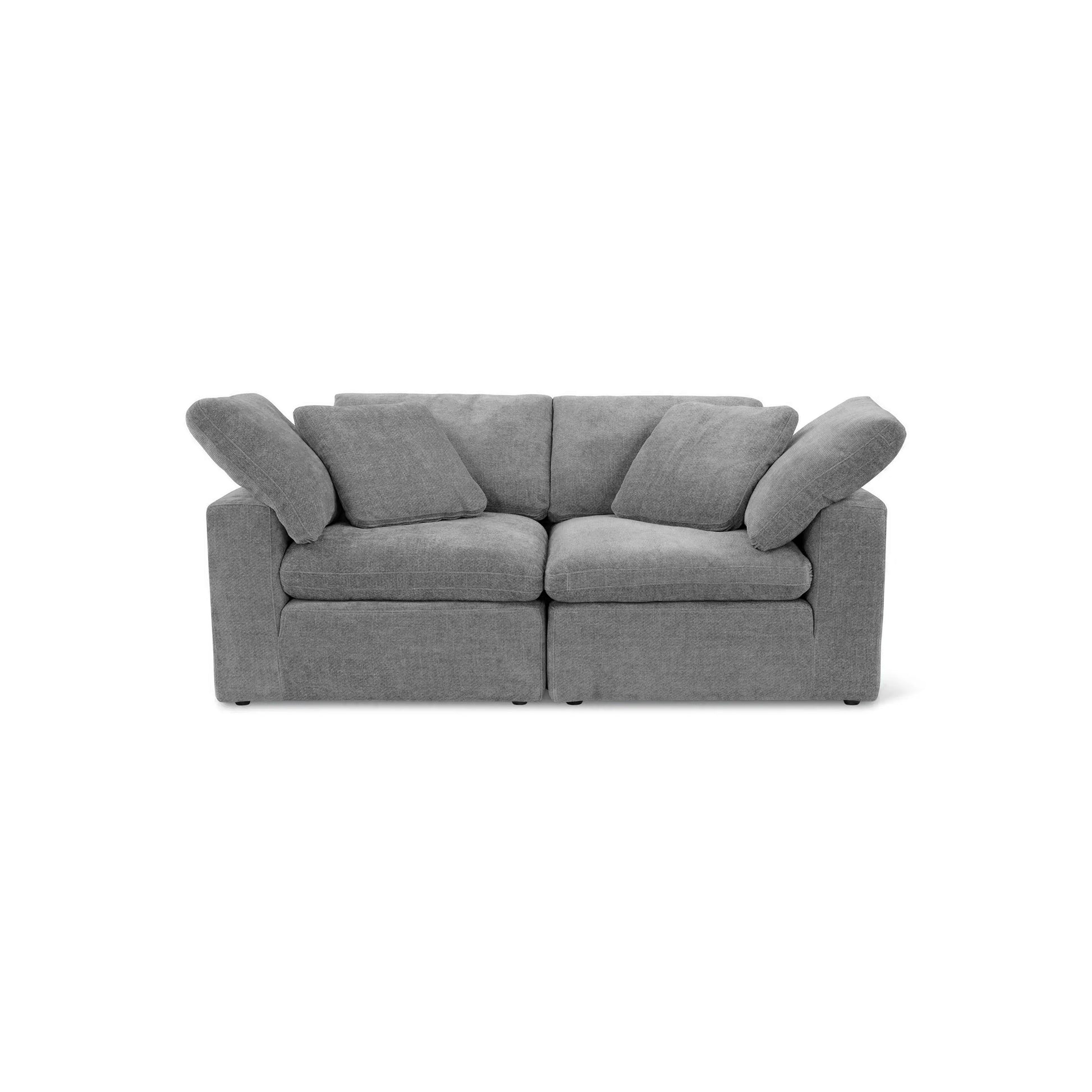 The Sofatica® Modular 2-Seater Cloud Couch in Gray, crafted with performance fabric and a solid birch wood frame, features four seat and four loose back cushions, shown against a white background.