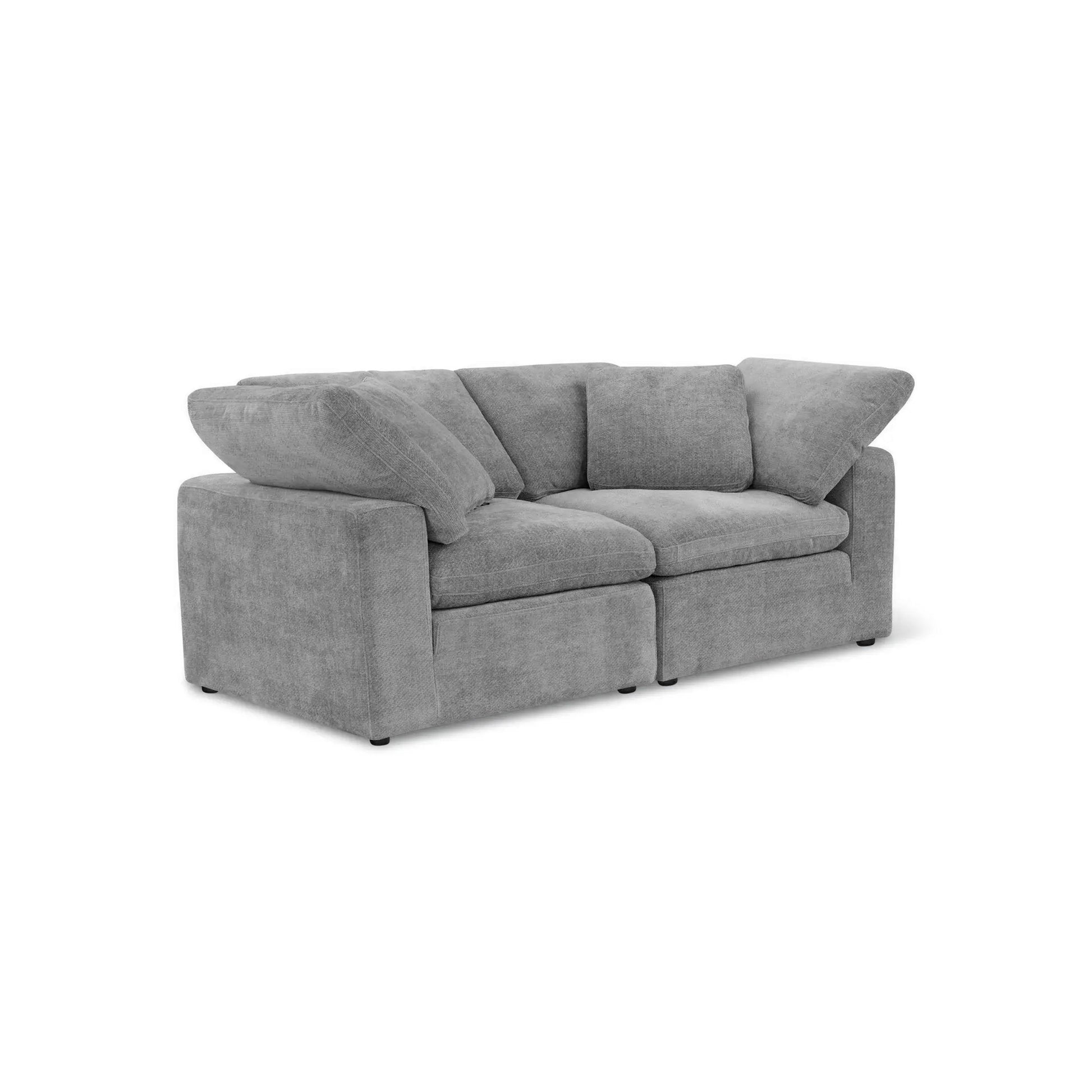 The Sofatica® Modular 2-Seater Cloud Couch in Gray features performance fabric and a handcrafted solid birch wood frame with square arms, large back cushions, and is set against a plain white background.