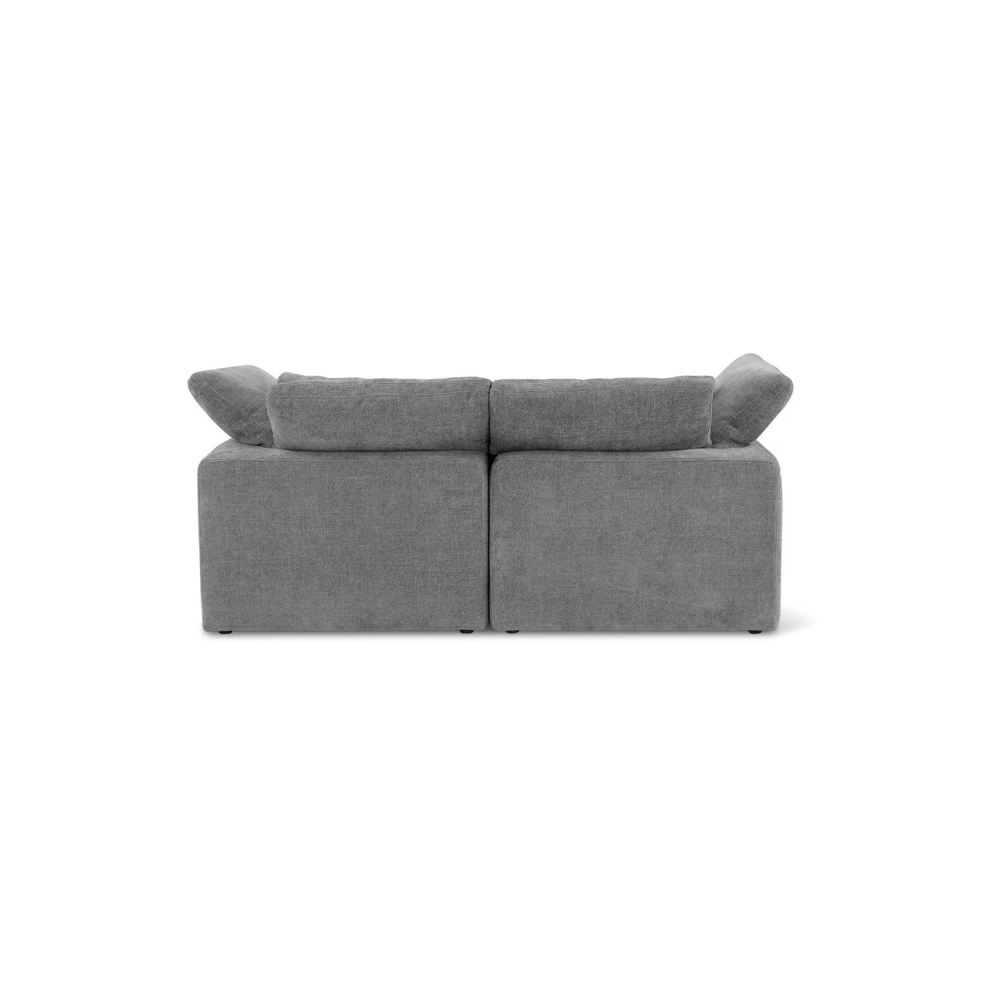 A Sofatica® Modular 2-Seater Cloud Couch in Gray (Performance Fabric) from the Clouds collection is shown from the back with two seat sections and angled back cushions, set against a white background.