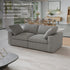 A modern living room showcases the CloudForm™ 2-Seater Modular Sofa in gray with removable fabric covers, a dining table in the background, and promotional text highlighting its features and customer satisfaction.