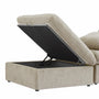 A beige upholstered ottoman features a lift-top storage compartment, making it a convenient companion to the Sofatica® Modular 2-Seater Cloud Couch in Beige | Performance Fabric.