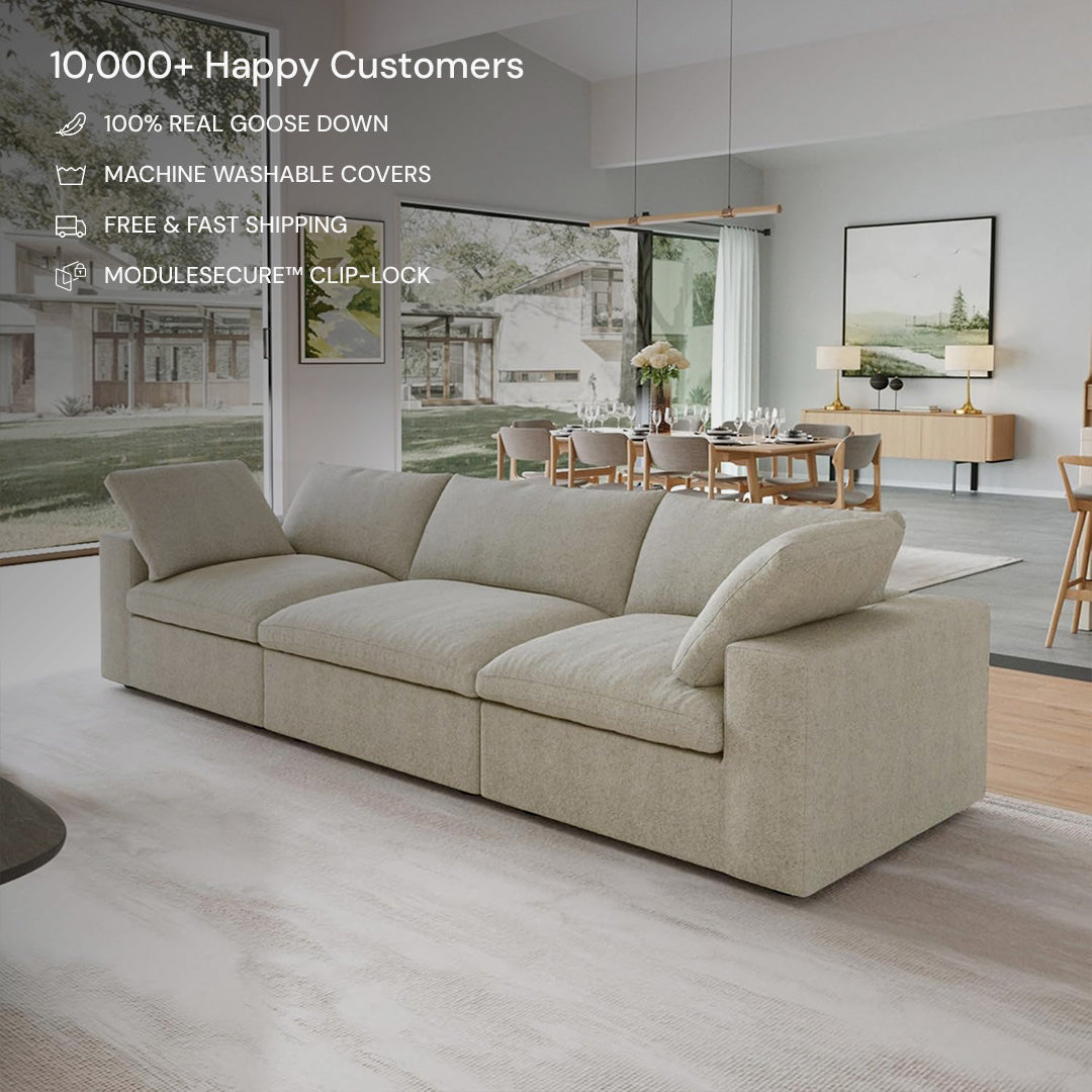 The CloudForm™ 3-Seater Modular Sofa | Beige features real goose down, removable fabric covers, a secure clip-lock system for easy arrangement, and fast shipping—perfect for spacious living rooms with large windows.