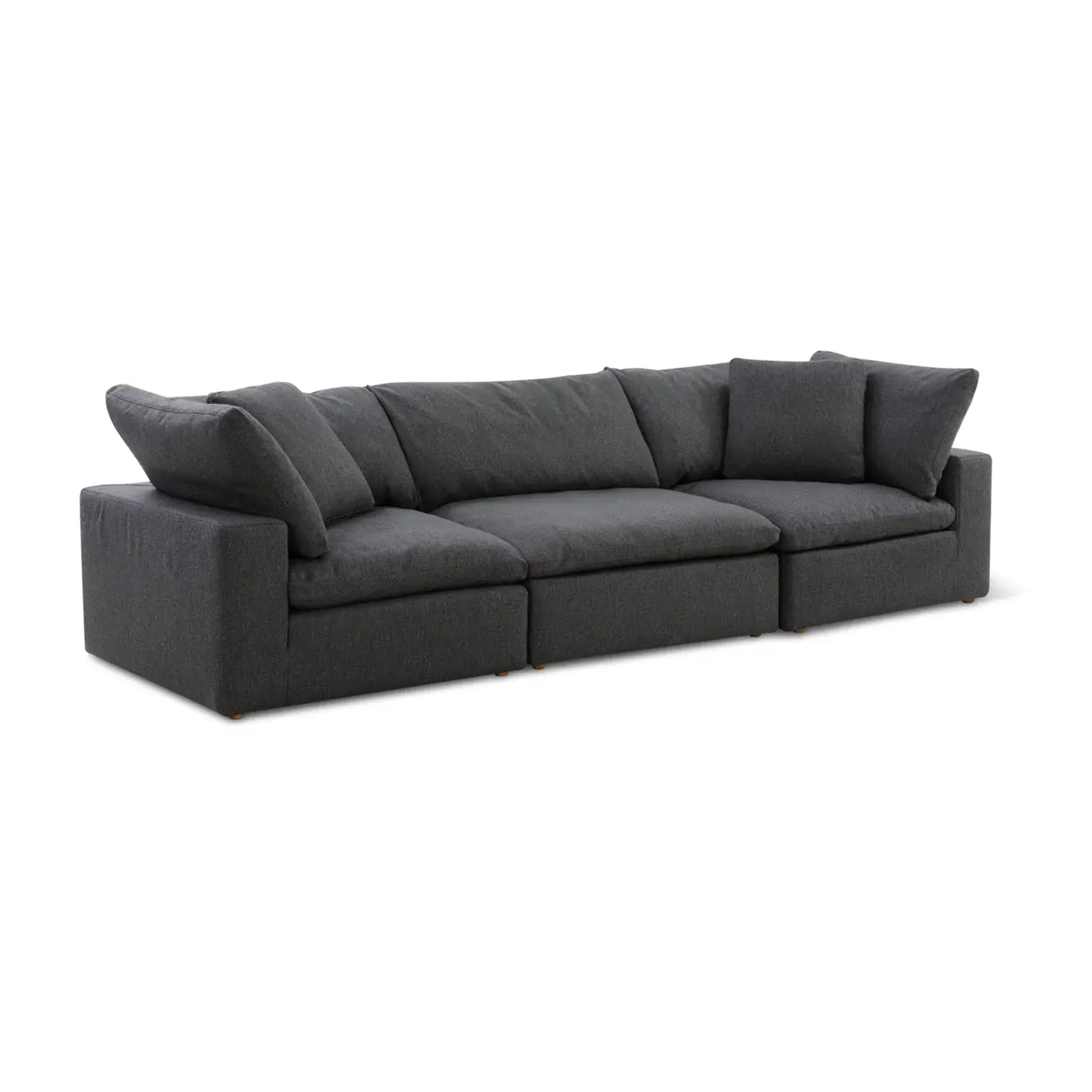 The Sofatica® Modular 3-Seater Cloud Couch in Black features performance fabric, three seat cushions, loose back pillows, straight arms, a handcrafted solid birch wood frame, and a low-profile modern design.