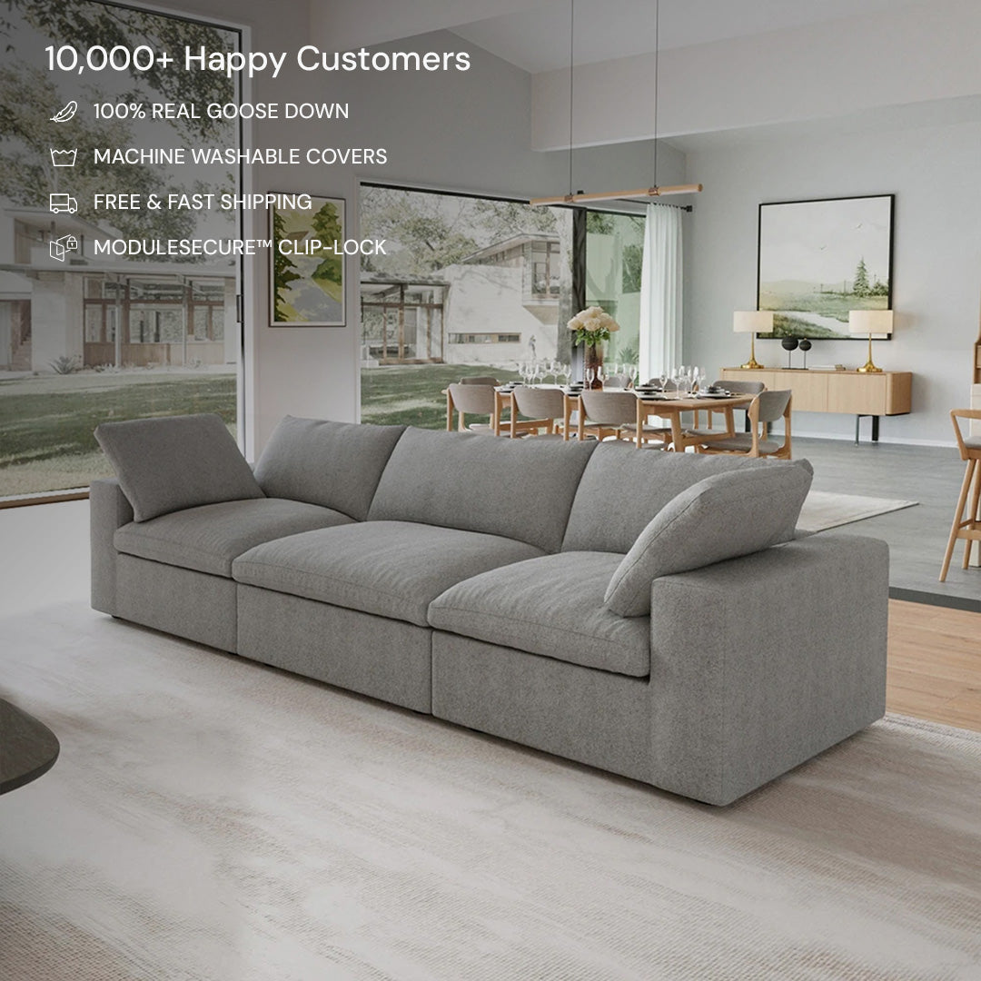 The CloudForm™ 3-Seater Modular Sofa in gray, featuring removable fabric covers, is showcased in a bright living room with product features and customer satisfaction details displayed in the top left corner.