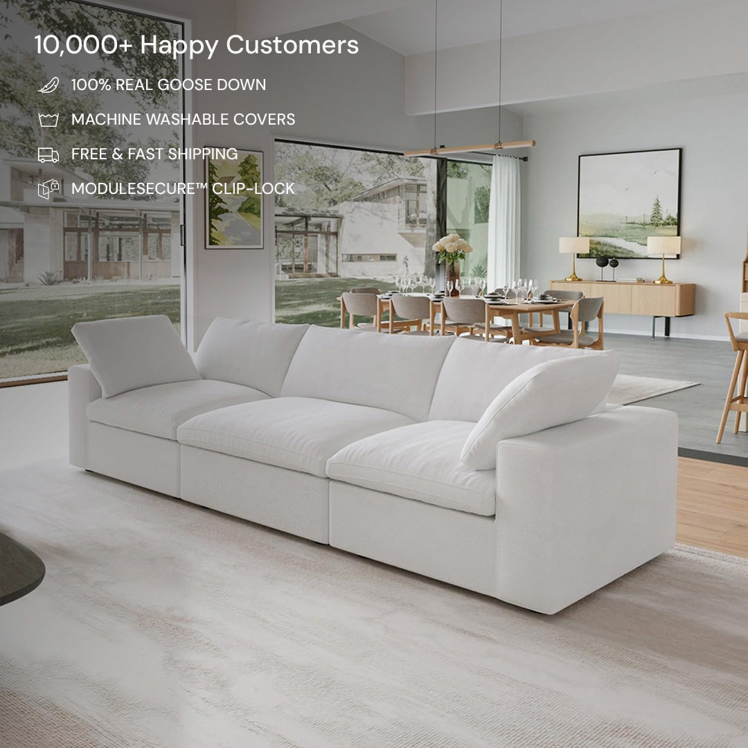 Modern living room featuring the CloudForm™ 3-Seater Modular Sofa in White with removable fabric covers, floor-to-ceiling windows, and text overlay highlighting product features and customer satisfaction.