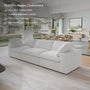 Modern living room featuring the CloudForm™ 3-Seater Modular Sofa in White with removable fabric covers, floor-to-ceiling windows, and text overlay highlighting product features and customer satisfaction.