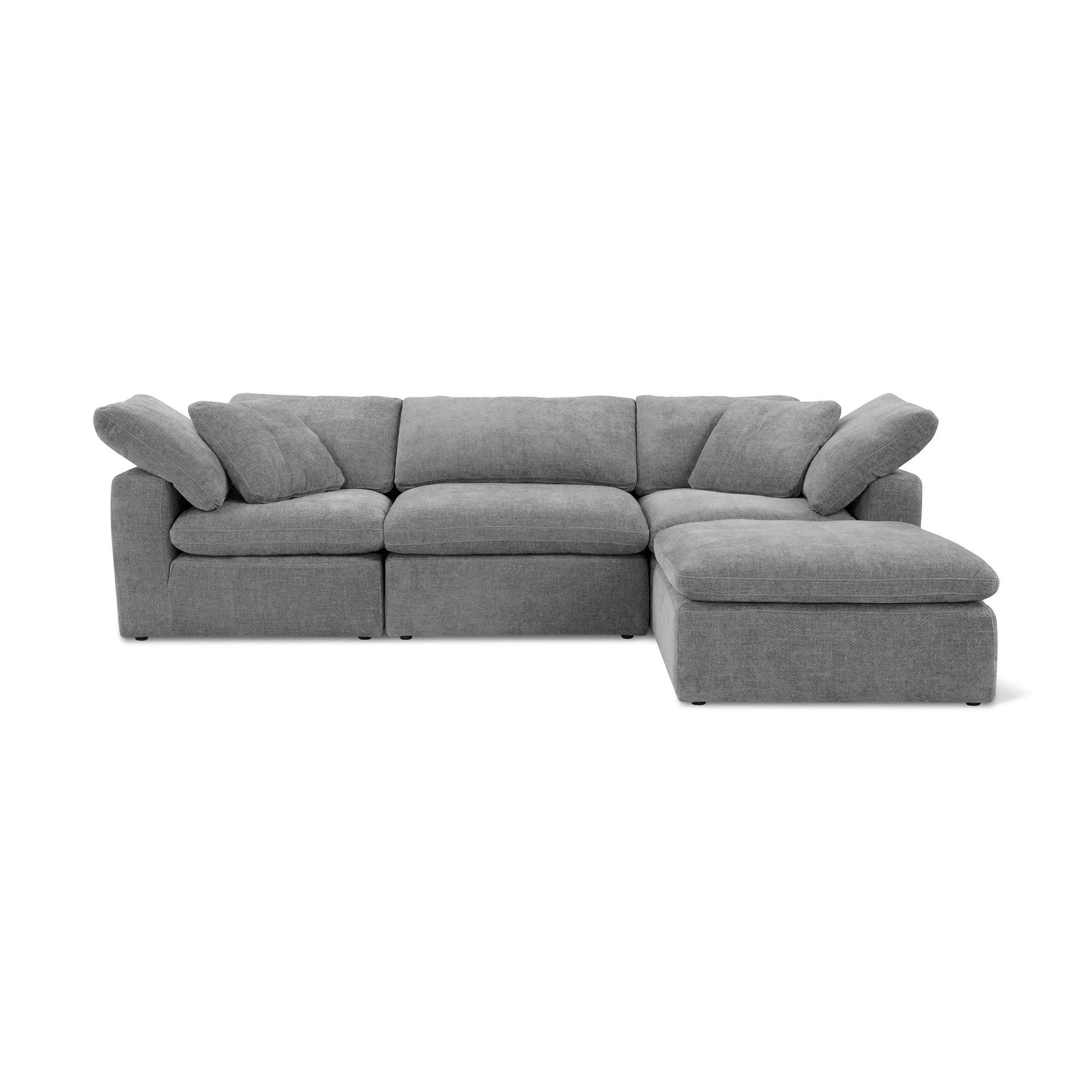 A Sofatica® 3-Seater L-Sectional Cloud Couch in Gray with plush cushions, right-side chaise lounge, armrests, and removable performance fabric covers is set against a white background.