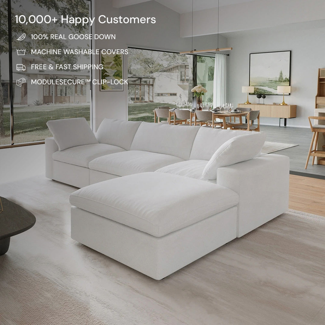 The CloudForm™ 3-Seater + Ottoman Modular Sofa in white is shown in a bright, open living-dining space, featuring removable fabric covers, fast shipping, and a secure clip-lock system.