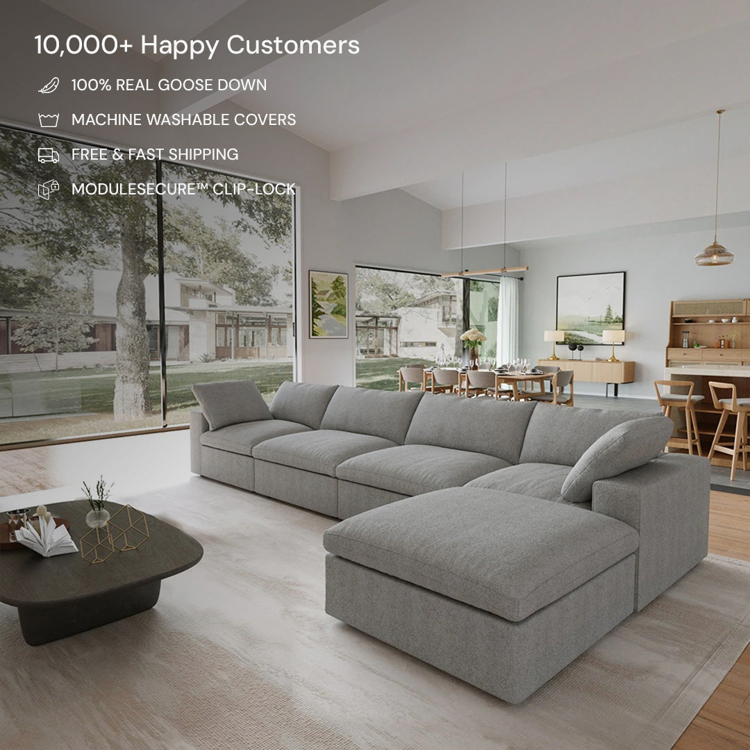 Modern living room with the CloudForm™ 4-Seater + Ottoman Modular L-Sofa in gray, featuring removable fabric covers. A coffee table and dining area complete the space. Text highlights product features and customer satisfaction.