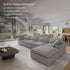 Modern living room with the CloudForm™ 4-Seater + Ottoman Modular L-Sofa in gray, featuring removable fabric covers. A coffee table and dining area complete the space. Text highlights product features and customer satisfaction.